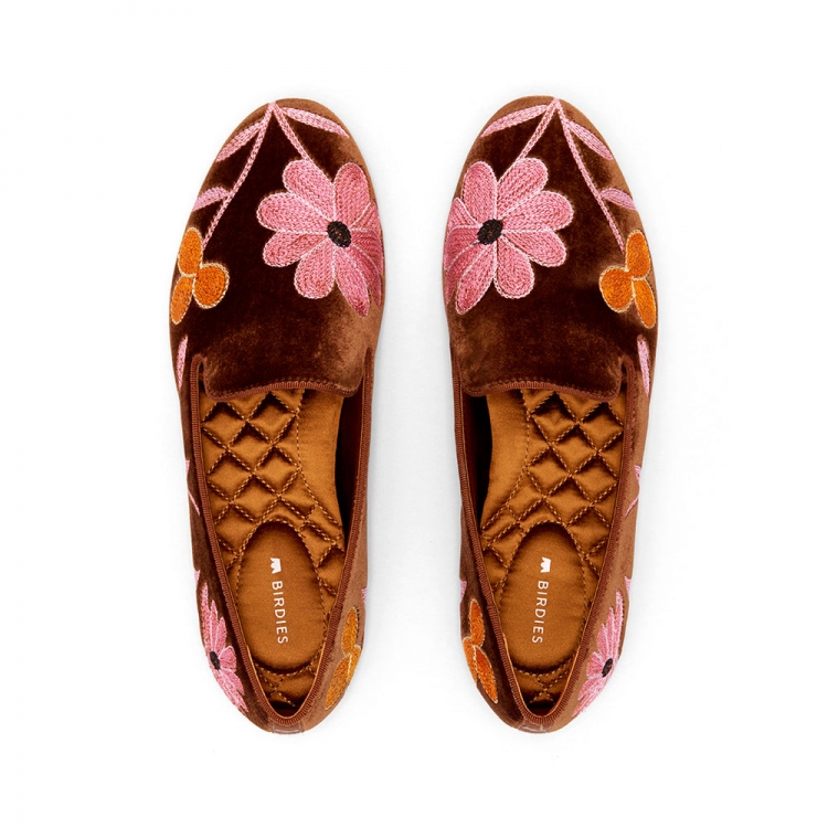 The Starling | Cider Orange Floral Velvet Women's Flat - Click Image to Close