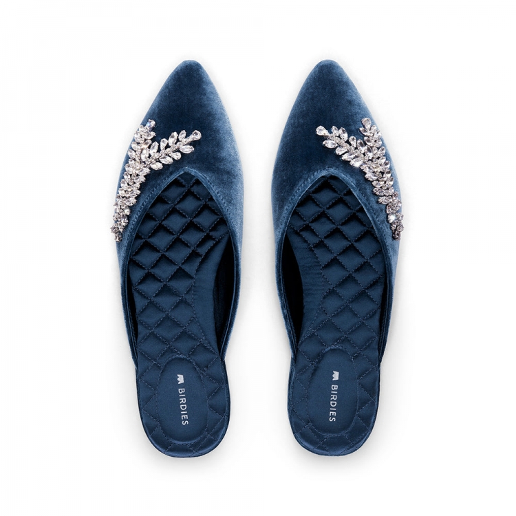 The Swan | Jeweled Blue Velvet Women's Slide - Click Image to Close